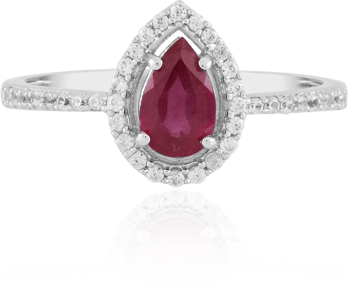 Cavill - Zilveren Ring met 0,936 Ct Peervormige Madagaskar Robijn - 925 Sterling Zilver Gerhodineerd - 38 Zirkonia's Pavé - Elegante Luxe Cocktailring