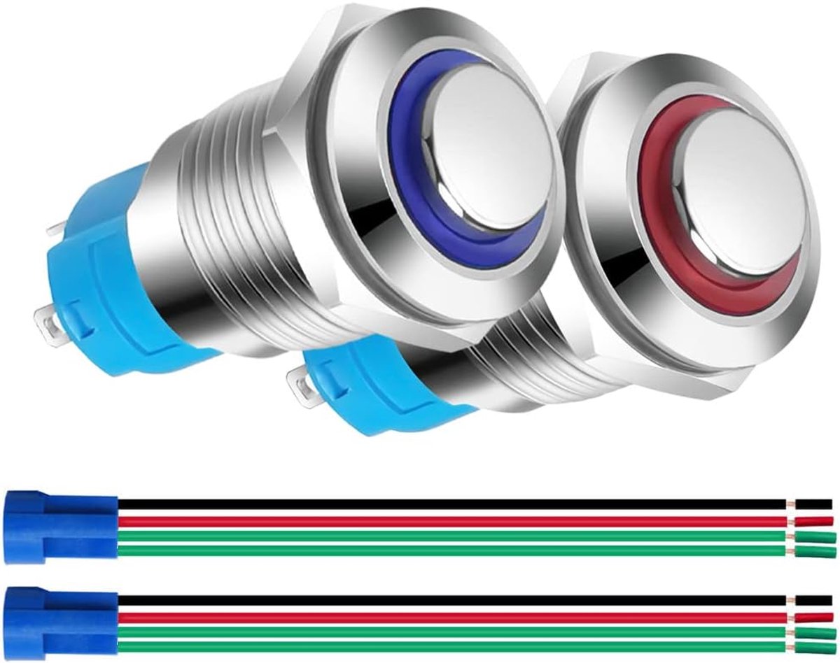2stuks 12mm Roestvrijstalen Kortstondige Drukknop 12V-24V 3A LED Normaal Open SPST AAN UIT Waterdichte Knop met Draadcontactdoos (Blauw + Rood, Hoge Kop)