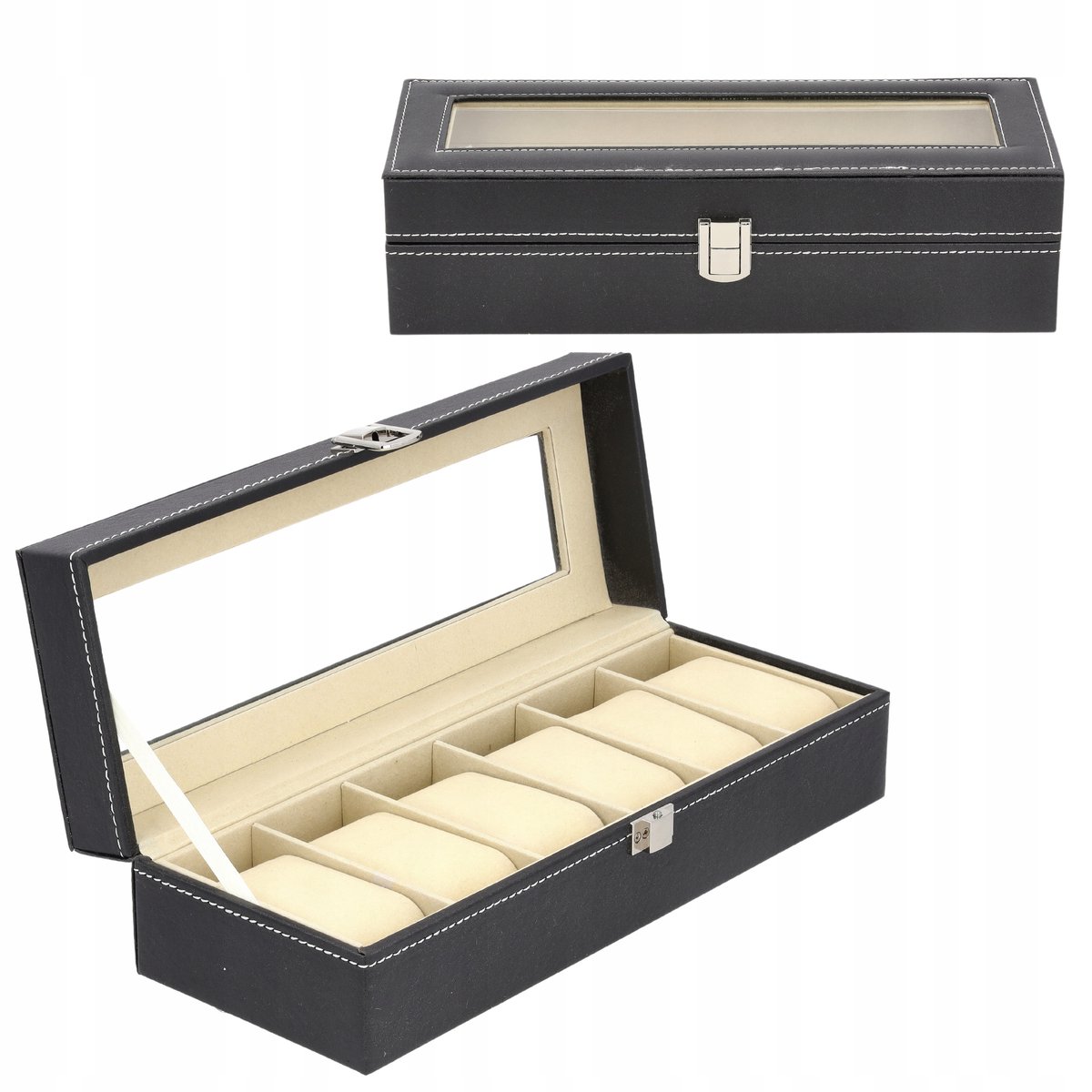 Luxe Horloge Etui Organizer voor 6 Horloges - Zwart met Beige Interieur