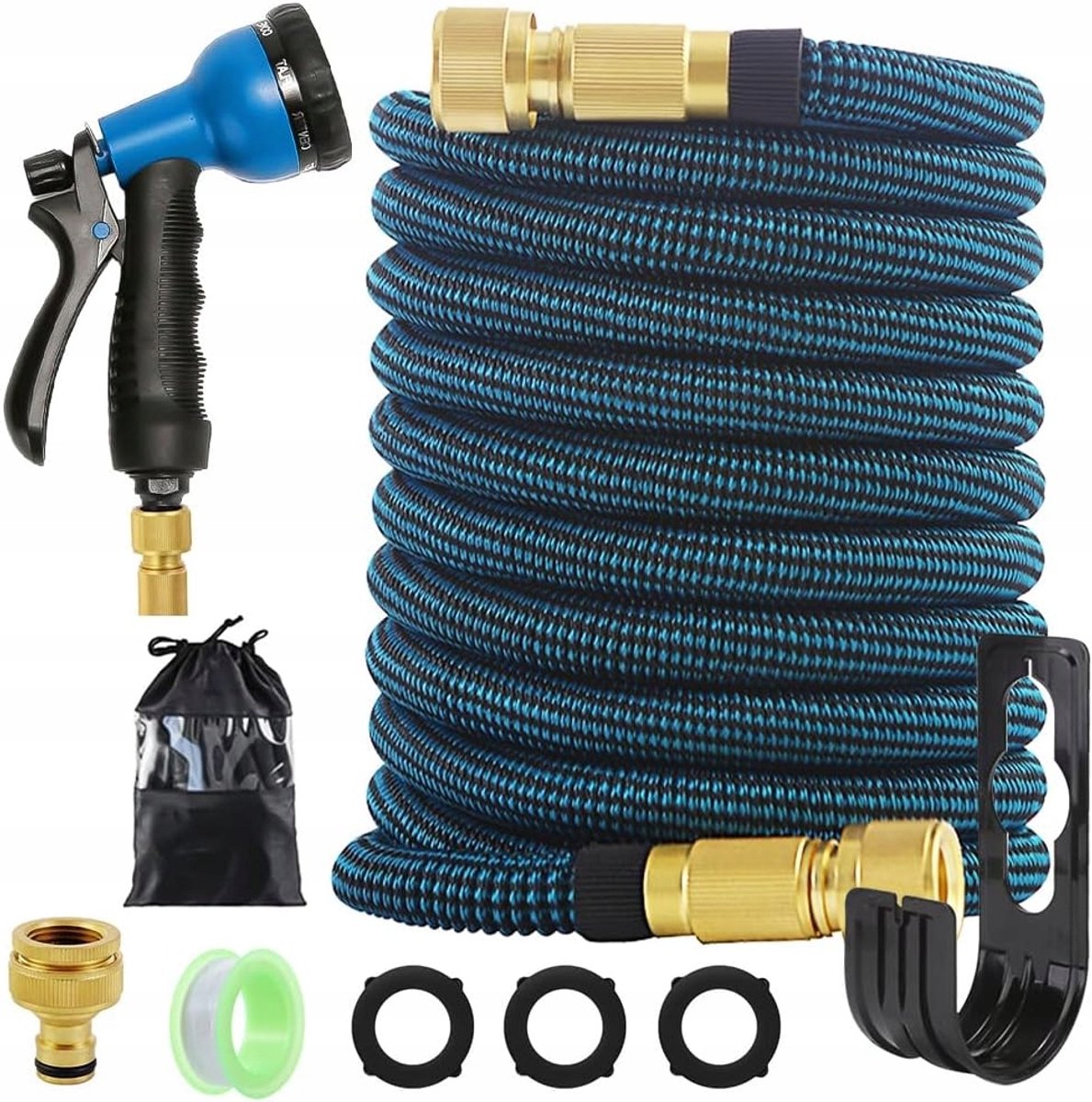SnelShoppen - Flexibele Tuinslang 15m met 10 Sproeimodi - Uittrekbare Tuinslang met Adapter voor 1/2 en 3/4 Inch - Inclusief Wandhouder en Opbergtas v