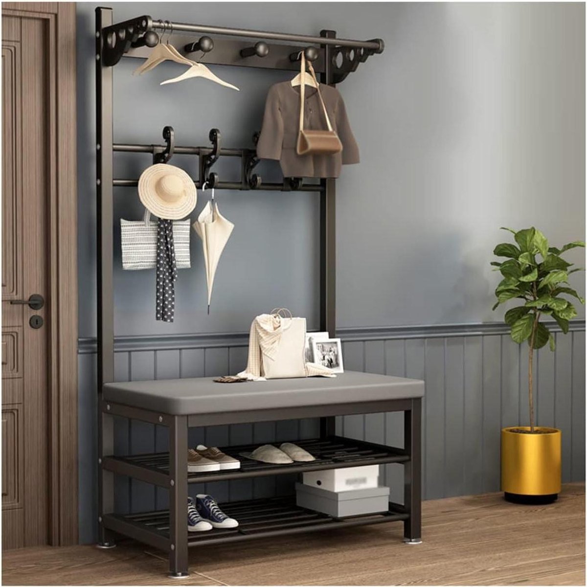 Halboom Kapstok - Schoenenbank Opberger - Entree Organiseren - 4-in-1 Ontwerp - 80 x 172 cm - Zwart