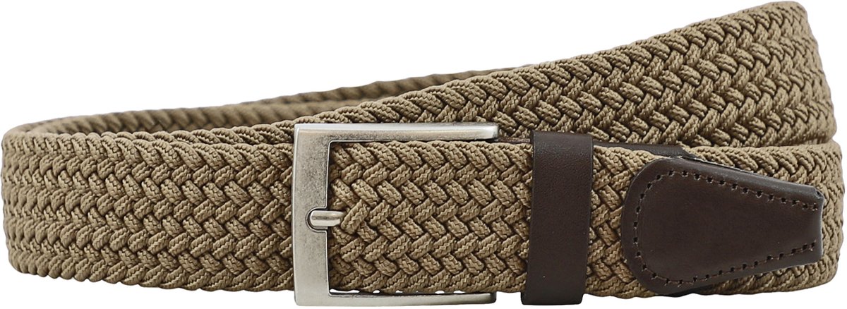 Houtkamp Elastische Riem Taupe – Gevlochten Stretch Broekriem met echt Leer – Riem zonder Gaatjes – Dames & Heren - Lengte totaal 110 cm / Riemmaat 95
