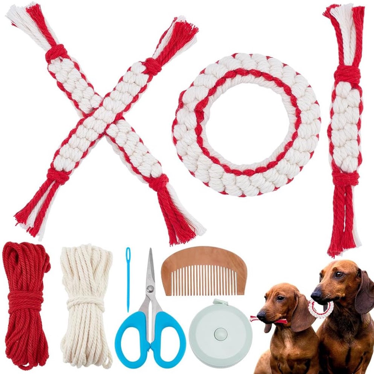 3 Set Valentijnsdag Hond Kauwspeelgoed Kit Hartvormig Hond Touw Macrame Kit Valentijnsdag Puppy Gooien Speelgoed voor Huisdier Tanden Reiniging Macrame Kit voor Beginners