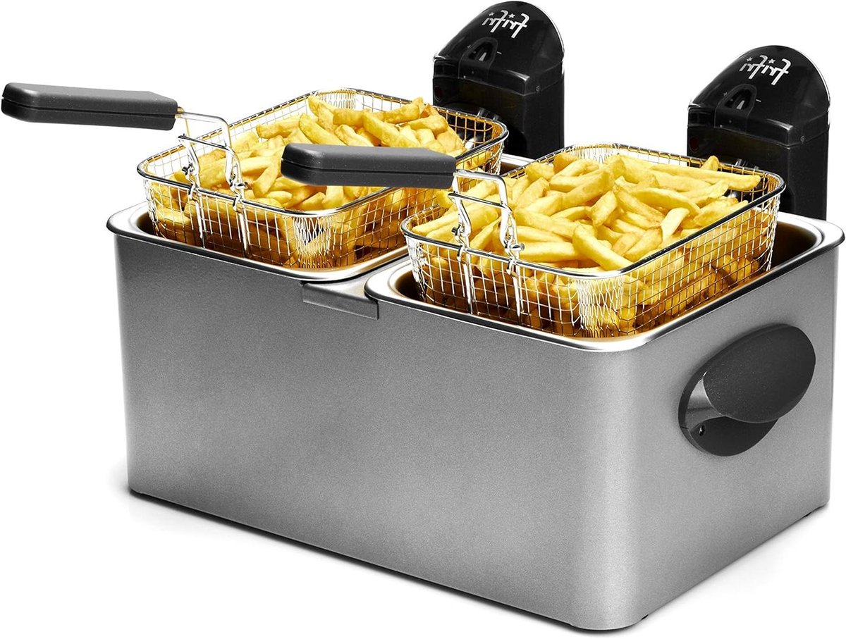 Dubbele Friteuse - Frituurpan met bakken - Thuis Friet Bakken - Dubbele RVS Kuip - 2x 35 Liter - Grijs