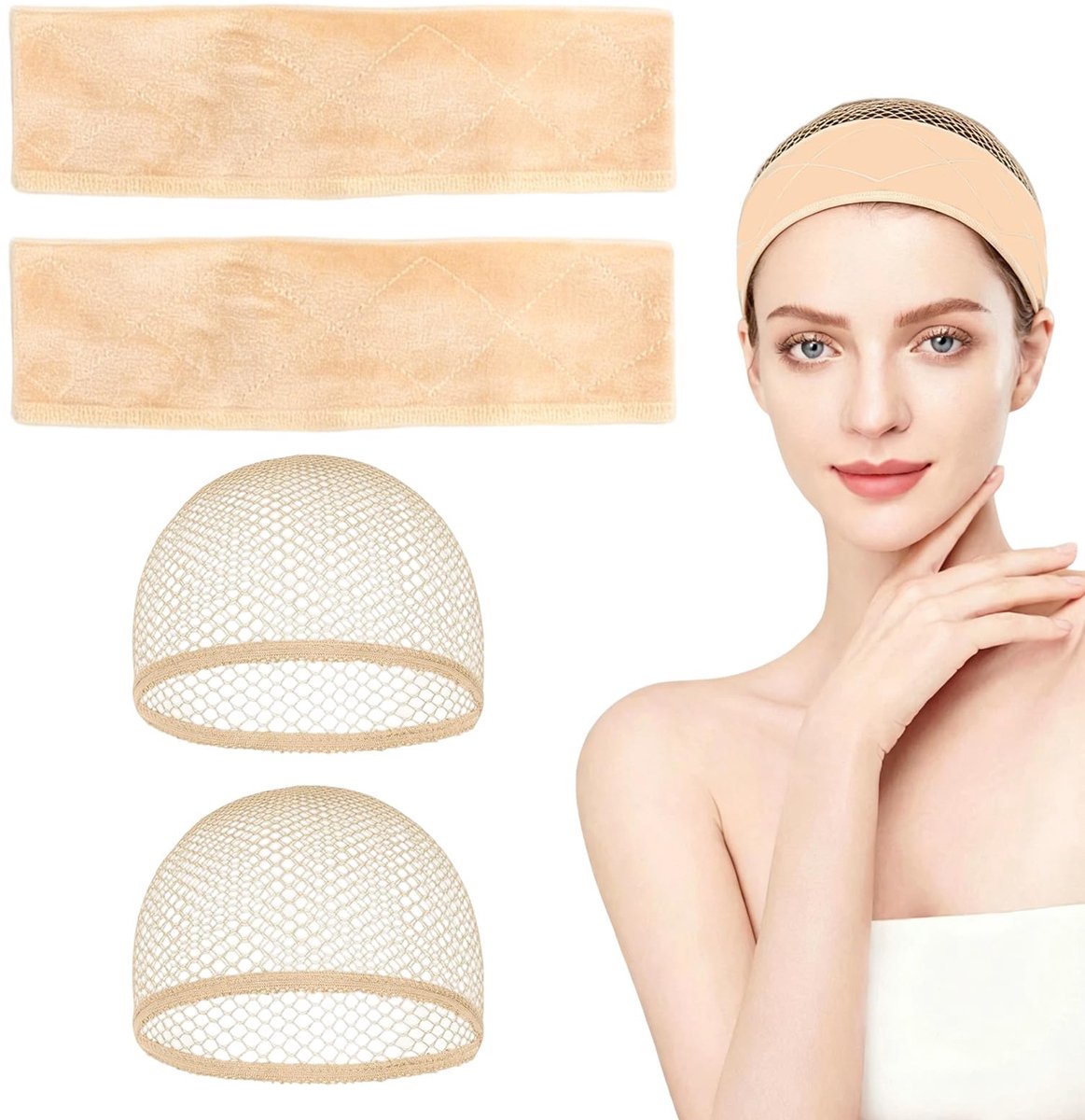Antislip met 2 x pruikbandset, 2 x haarnetje voor pruiken, verstelbare fluwelen band met klittenbandsluiting, elastisch en huidvriendelijk, veilige grip voor dames, Beige