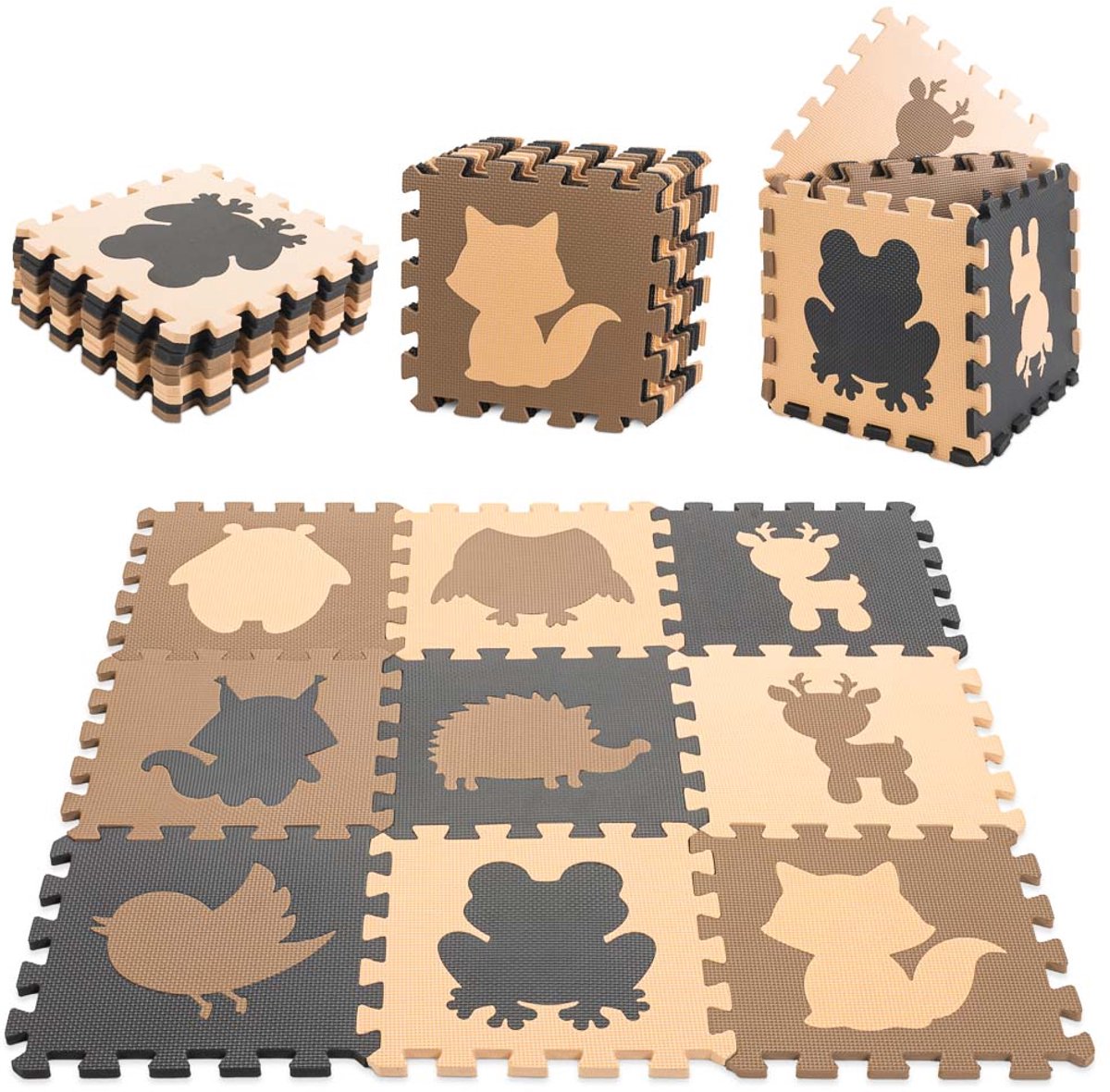 Puzzelmat voor Kinderen – Schuimrubber Speelmat – 9-delig – Beige, Bruin & Zwart – 85 x 85 cm