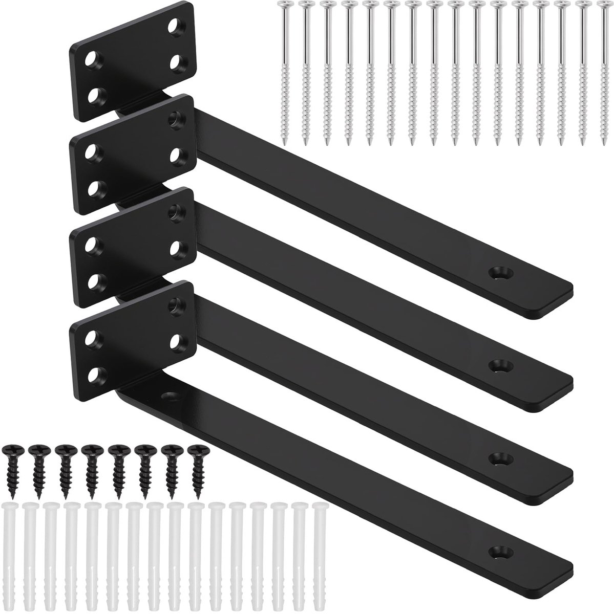 4 Pack 8 Inch Zwart Heavy Duty Verborgen L-beugels, Drijvende plankbeheugel, Blinde planksteunen, Rustieke industriële plankbeheugels met schroef en ankers Kit voor tafelbank