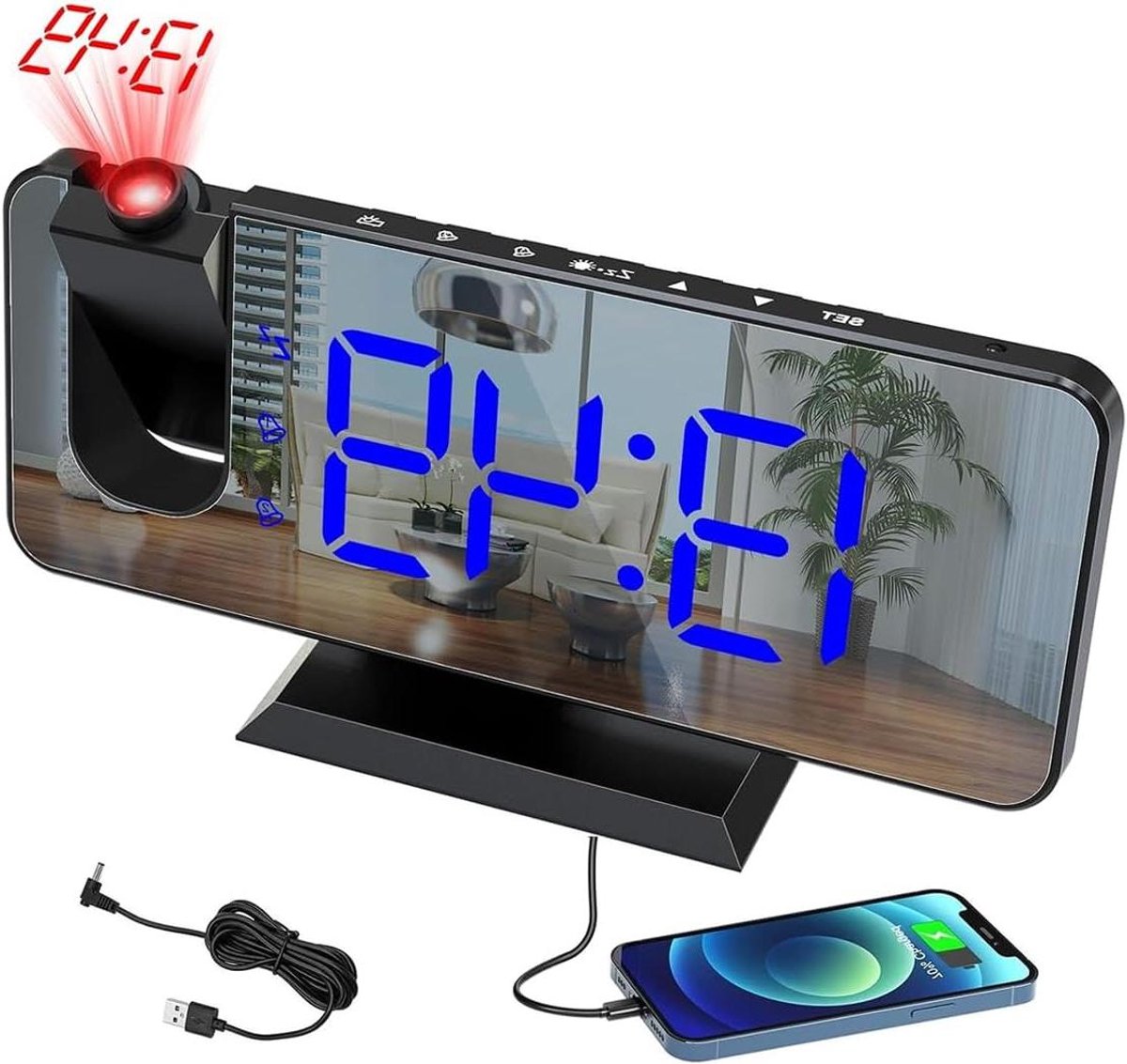 Projectiewekker Digitale Klok - Spiegelwekker LED - Tijd Zien - 180° Draaibare Projector - 7.5 Inch Scherm - Zwart