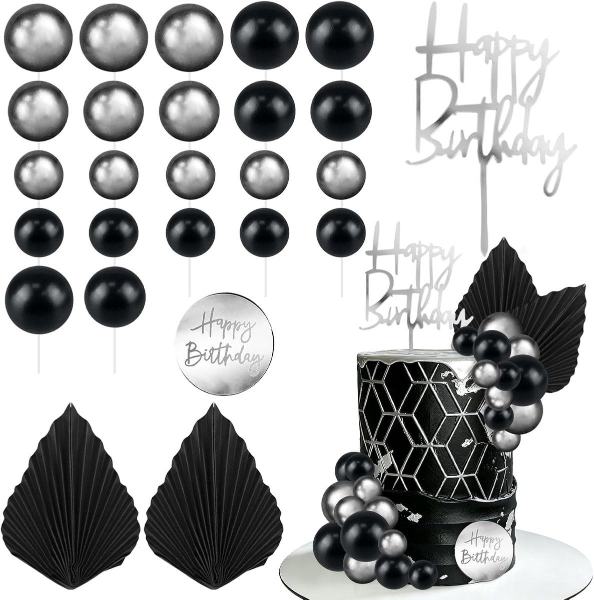 Taartdecoratie voor verjaardagen, set van 26 stuks Cake Topper Exquis, decoratie voor taarten met zwarte en zilveren bollen, uitklapbare taarttopper Happy Birthday Deko Taart voor themafeesten