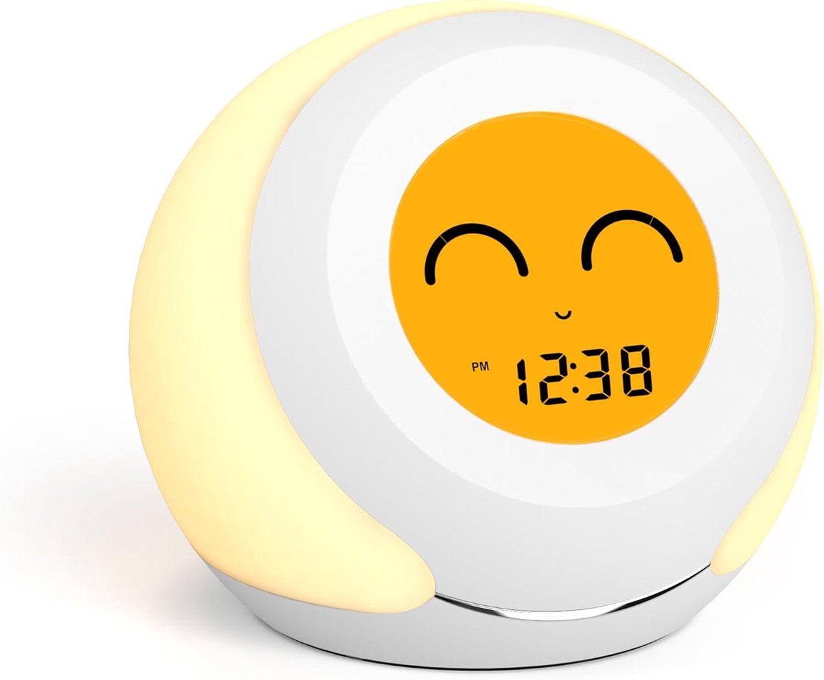 iTOMA Kinderwekker, klok hygrometer en schattige gezichtsuitdrukkingen, kleurrijk licht kiezen, 4-traps dimmer, binnentemperatuurmonitor, lcd-scherm, kindertijdweergave 915
