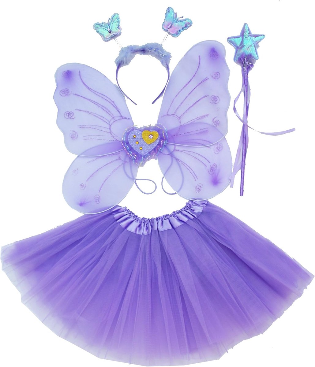 Play Fairy Costume Fancy dress up voor meisjes Butterfly Wings, Tutu, Magic Wand en hoofdband set- vlinder kostuums engelvleugels voor 3-8 jaar meisjes Paars Kleur