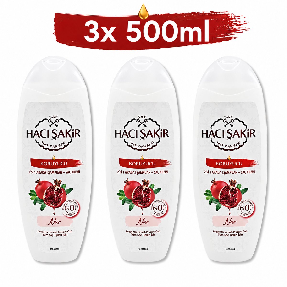 Hacı Şakir Granaatappel 2in1 Shampoo & Conditioner 3x500ml – Kleurbehoudend voor Gekleurd Haar