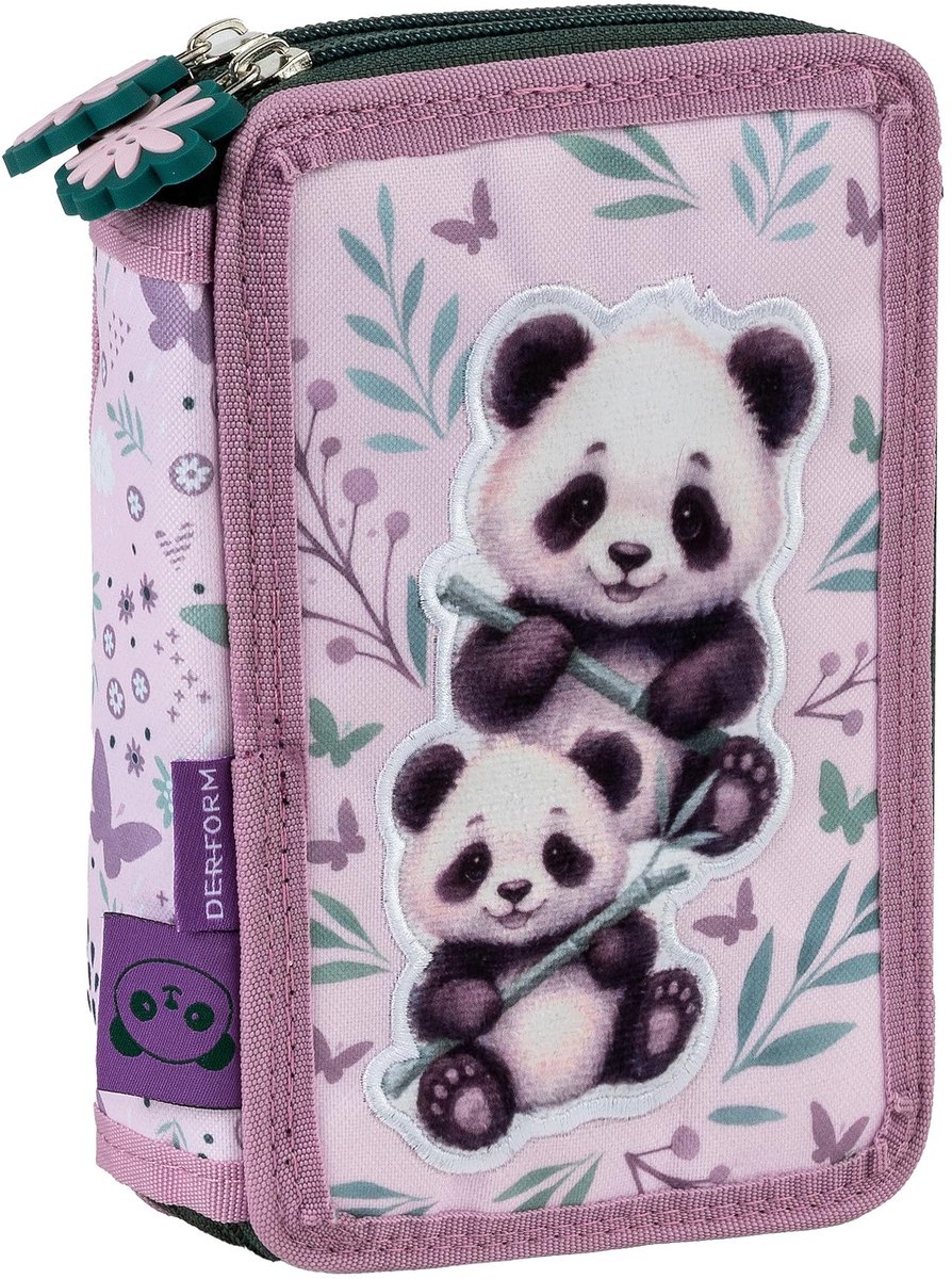 Pennenetui 2-vakken - gevuld - panda-beer - leren en organiseren - SnelShoppen