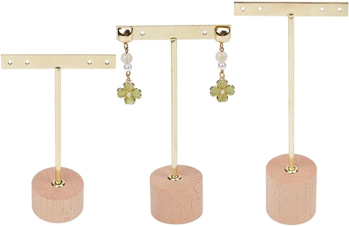 3 stuks metalen T-staaf oorbel presentatiestandaard sieradenstandaard met houten vierkante basis oorbel displayhouder halsketting ophangdisplays standaard voor halskettingen armbanden oren
