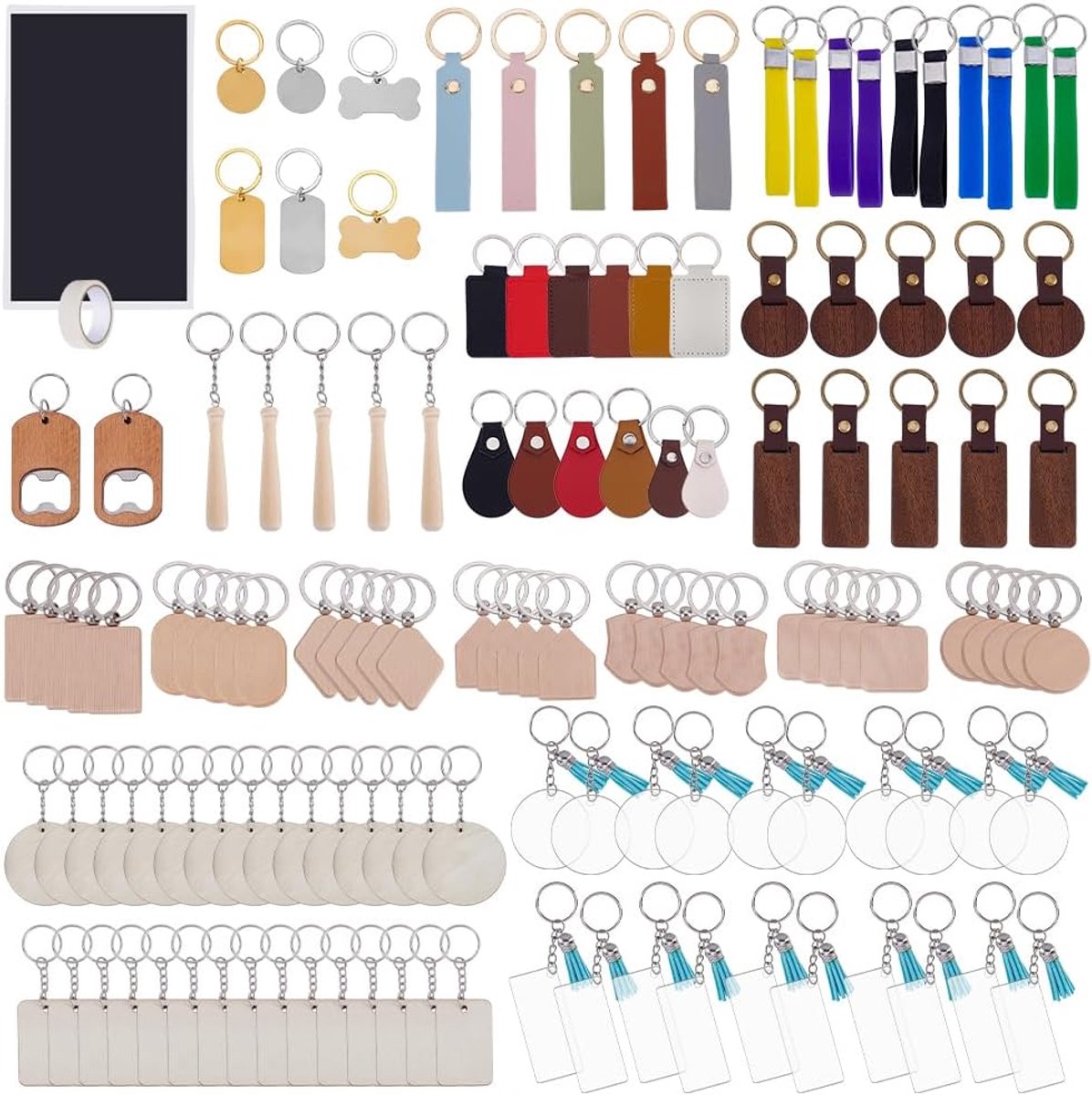 137 stuks lasergravure blanco sleutelhangers kit bulkgraveermaterialen inclusief hout, roestvrij staal, acryl, siliconen, PU-leer en markeerpapier voor lasergraveurs en lasersnijders
