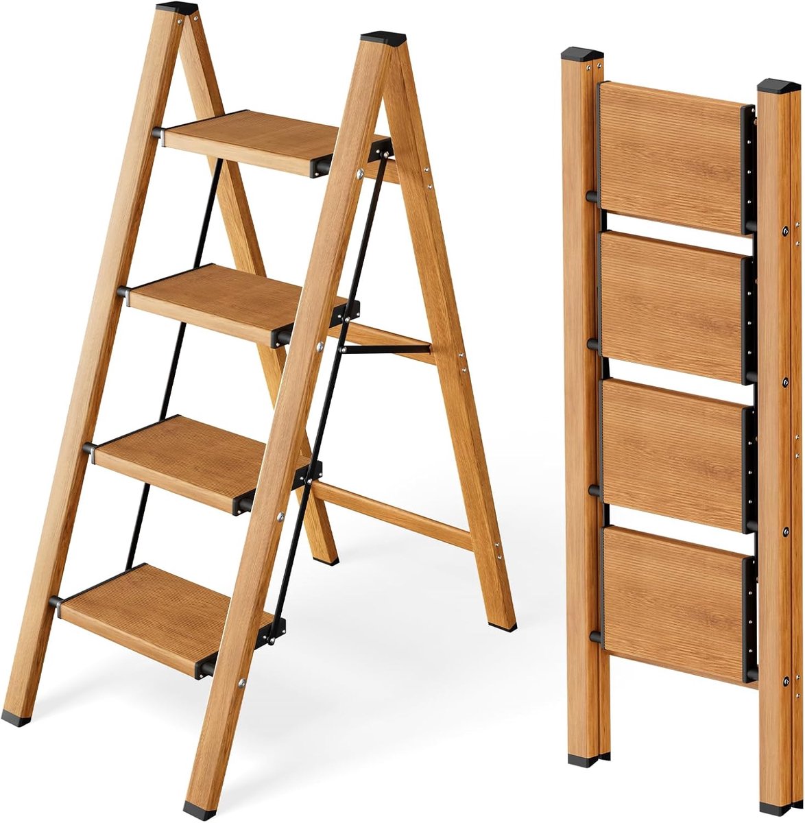 4 Treppens Opstapladder Inklapbaar,Trapbank Van Aluminium | Draagvermogen 150 Kg, Ladder Met Antislipvoeten & Brede Treden, Binnen- En Buitengebruik, Houtlook Design, Licht Bruin