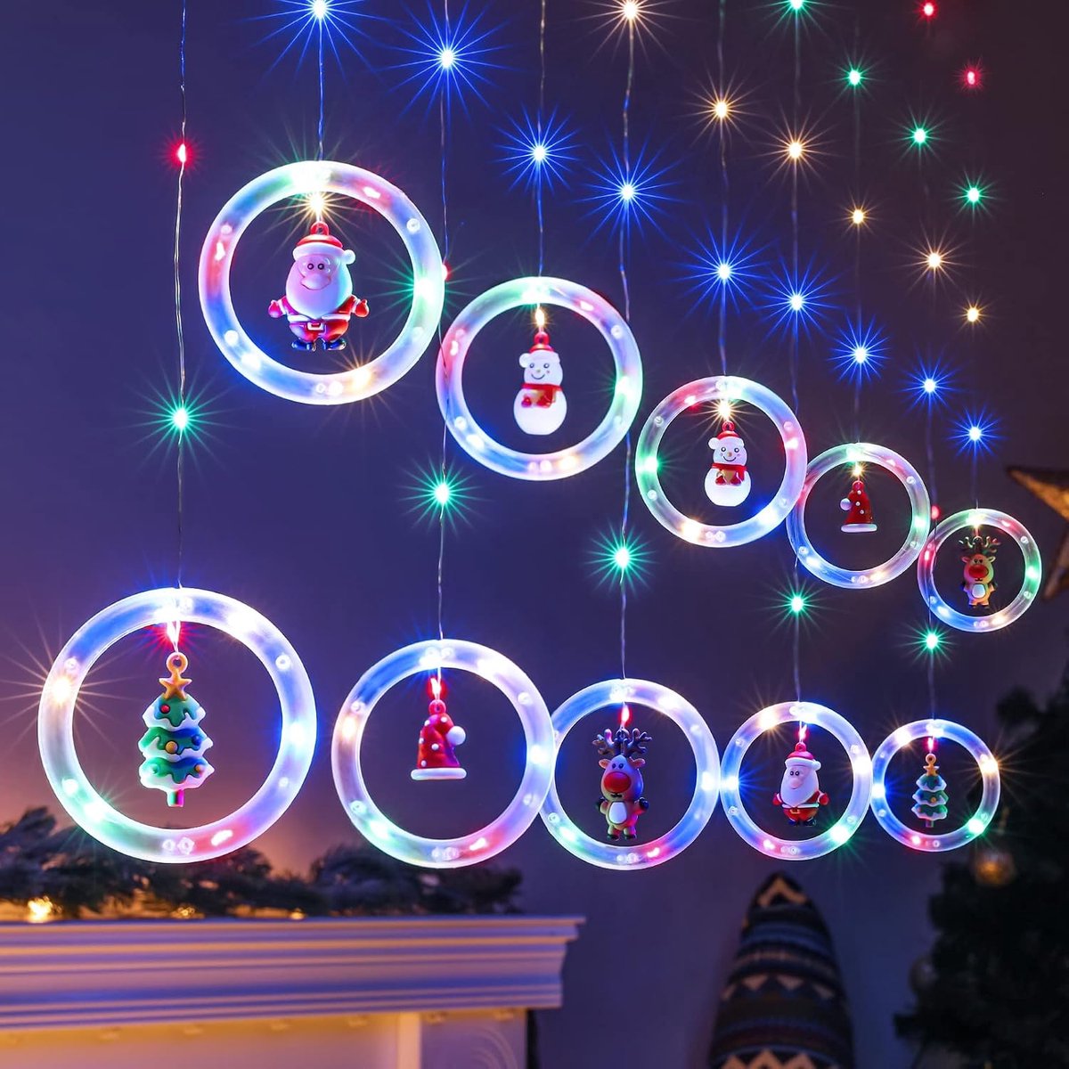 Lichtgordijn, 3 x 0,65 m, led-lichtsnoer, 8 modi, USB, kerstverlichting, sfeerverlichting voor ramen, Kerstmis, feestdagen, raamdecoratie, decoratieve verlichtingsketting, binnen, kleurrijk