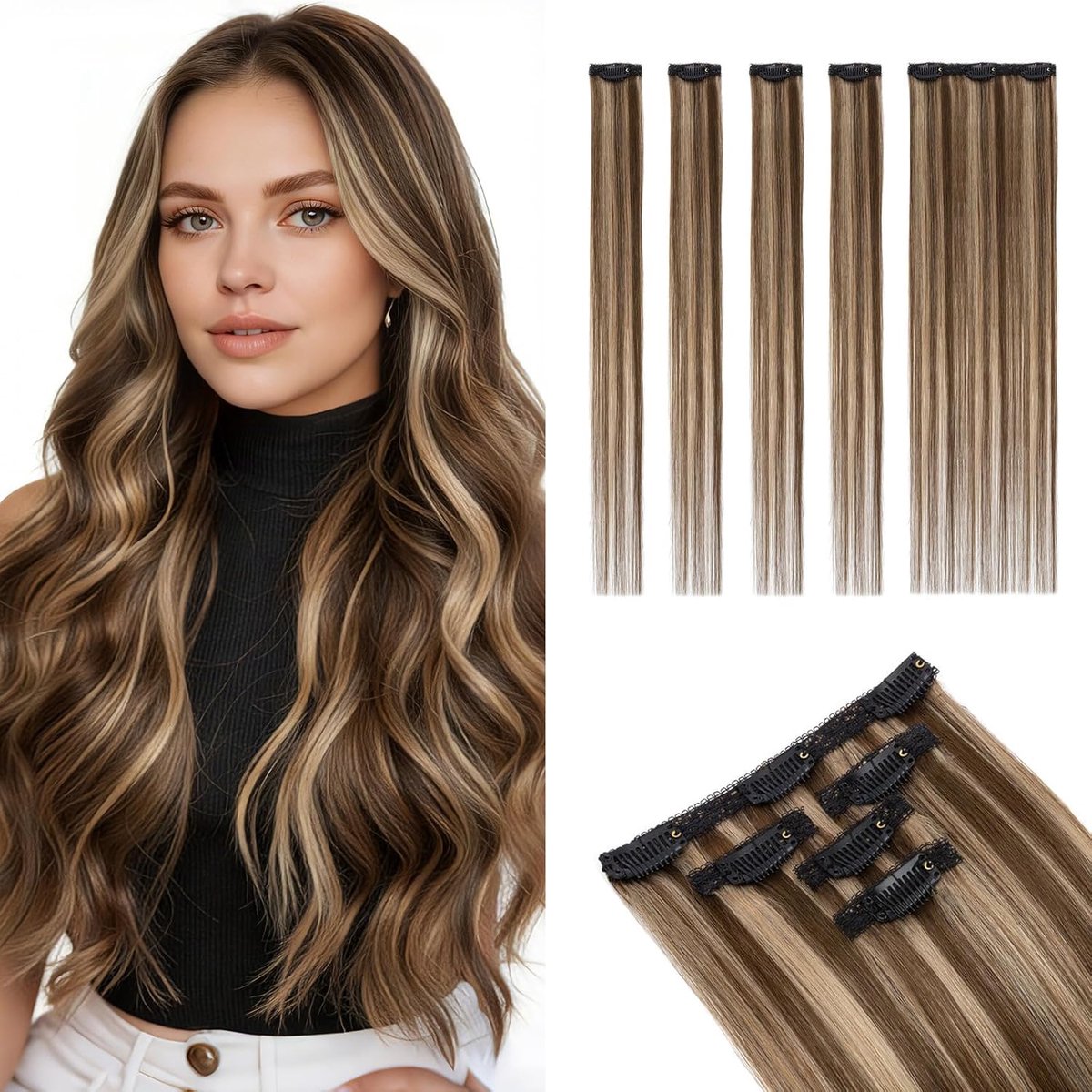 Clip in Extensions Echt Haar 5 Stuks (4 Enkele Clips + 1 Tripple Clip) Steil met Lace Basis voor Onzichtbaar Volume #4P27 Middelbruin/Donkerblond 36g 25cm