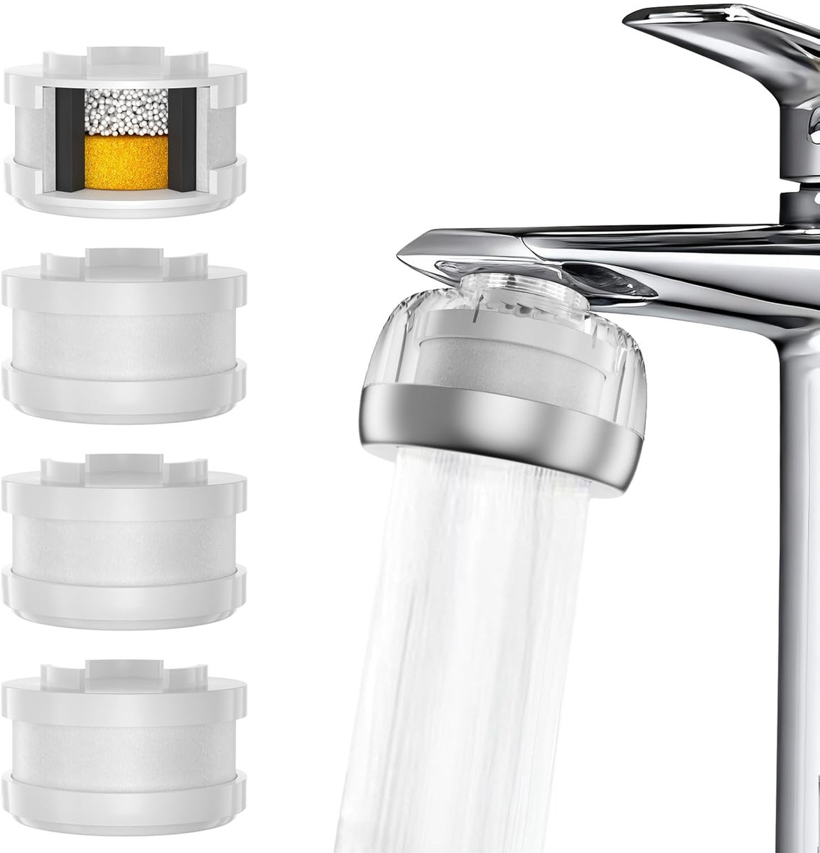 Kraanwaterfilter 2.0, 5-in-1 Filtersysteem met 4 Filterpatronen, Verwijdert Chloor en Metalen, Universele Pasvorm met 8 Adapters