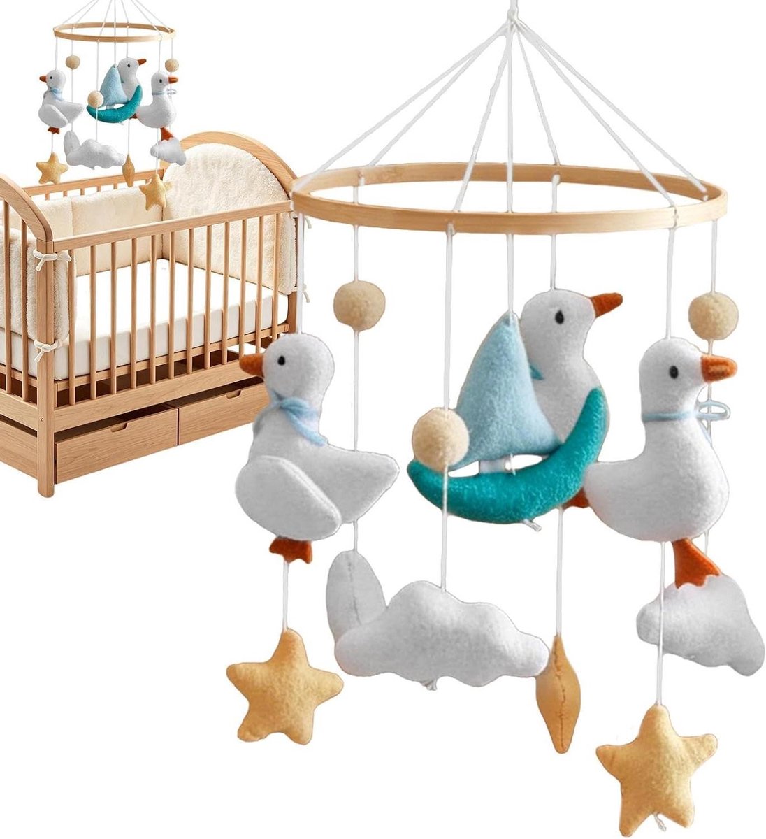 Wieg Mobiel - Kinderkamer Decoratie - Visuele Ontwikkeling Stimuleren - Zachte Vilten Eendjes - 25 x 25 x 5 cm