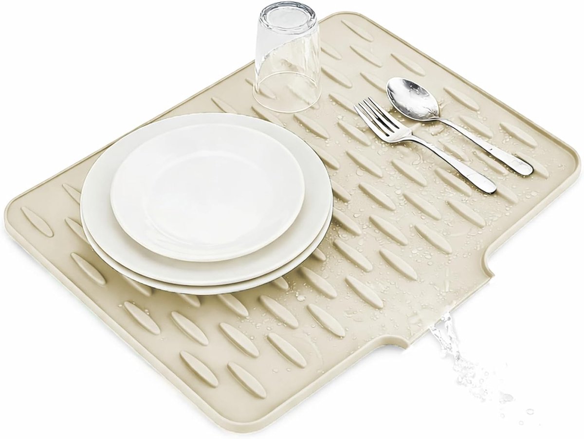 Afdruipmat met Afvoer Crèmewit 40 x 32 cm – Schuin Ontwerp voor Snelle Waterafvoer, Antislip Droogmat Aanrecht, Hittebestendige Afdruiprek Mat voor Keuken & Gootsteen