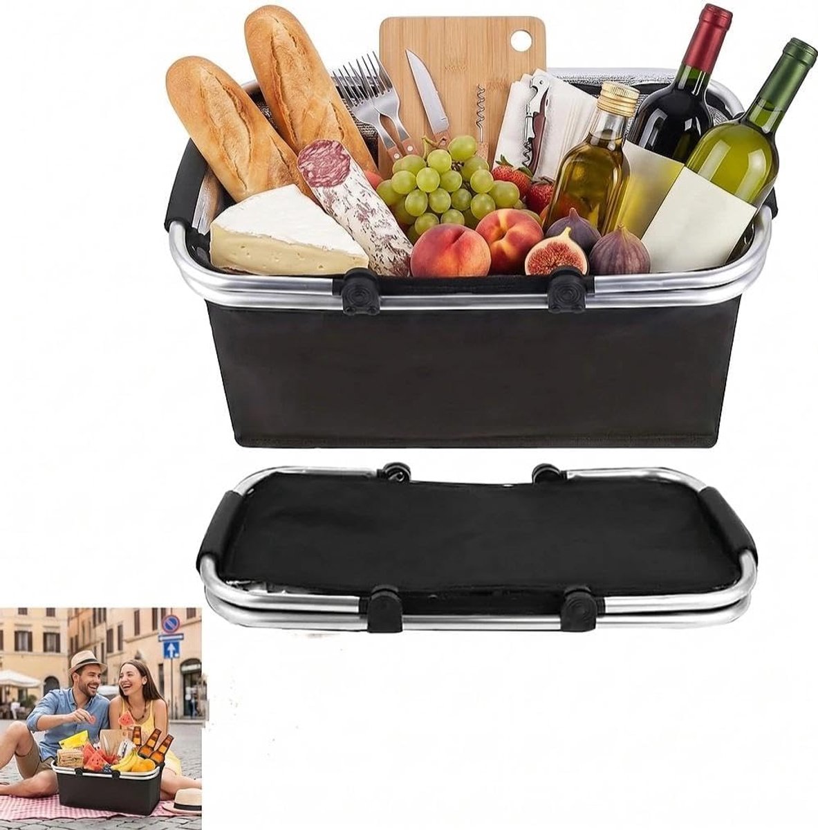 Boodschappenmand, opvouwbaar, 18 liter, boodschappenmand met koelfunctie, thermische picknickmand, draagmand, koelbox, draagbaar, met gevoerde handgrepen, voor winkelen, reizen, picknick, zwart