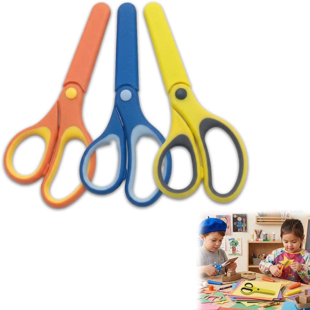 Kinderschaar voor links en rechtshandigen 3 stuks met roestvrijstalen messen en ronde punt, oranje blauw geel, voor school, knutselen en basisschool kinderen