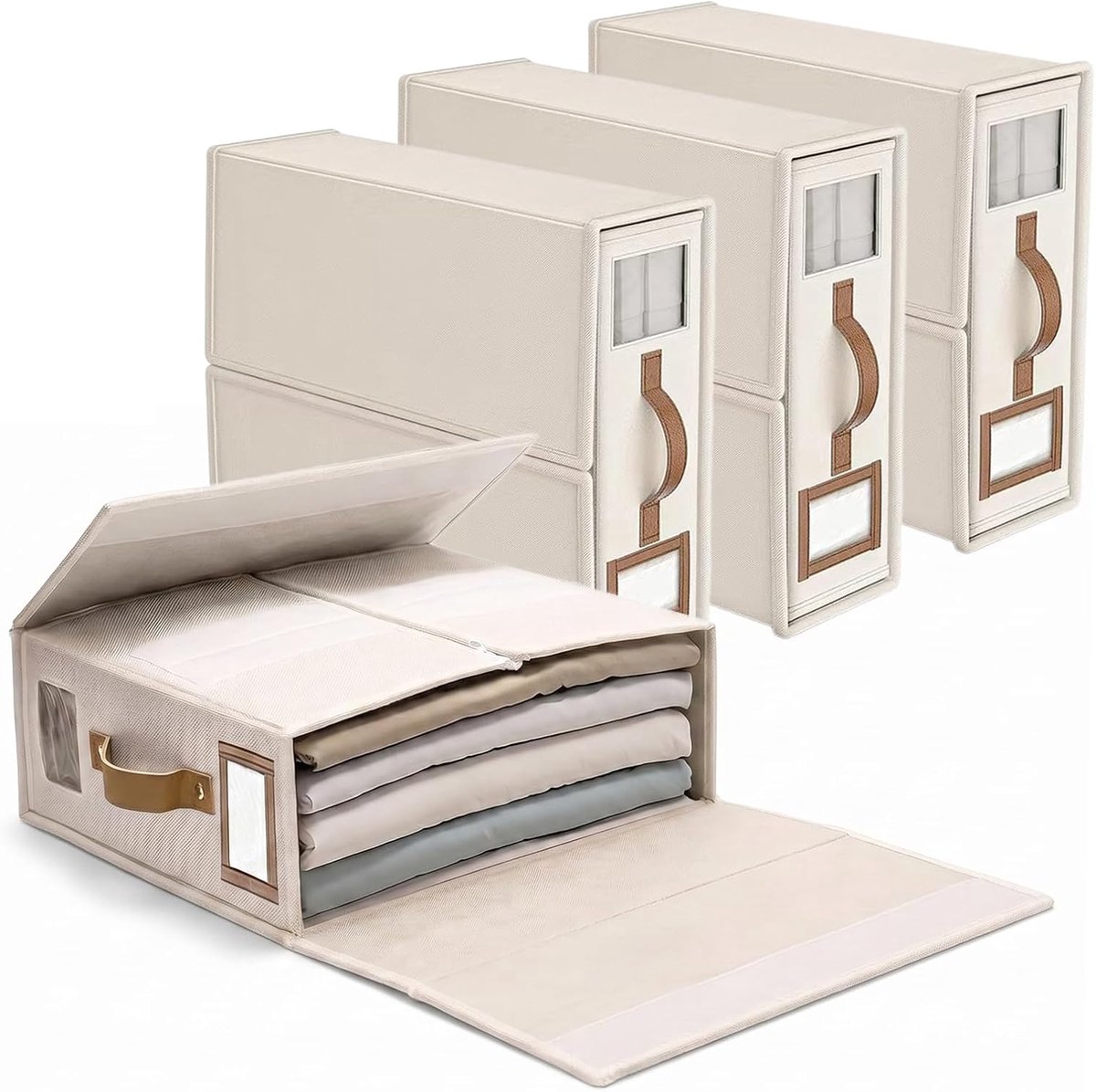 3 stuks, linnen opbergdoos met transparant venster en etiket, opslag voor onder het bed voor dekens en kleding, praktische opbergtas (linnen beige)