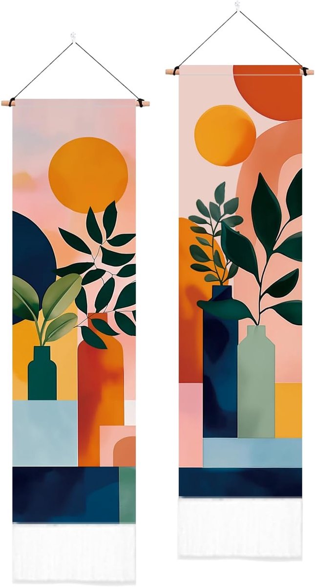 Tapijten met bladeren, modern, geometrisch, botanisch, met kwastjes, smal, decoratief wandtapijt voor slaapkamer, woonkamer en woonruimtes, 130 x 33 cm
