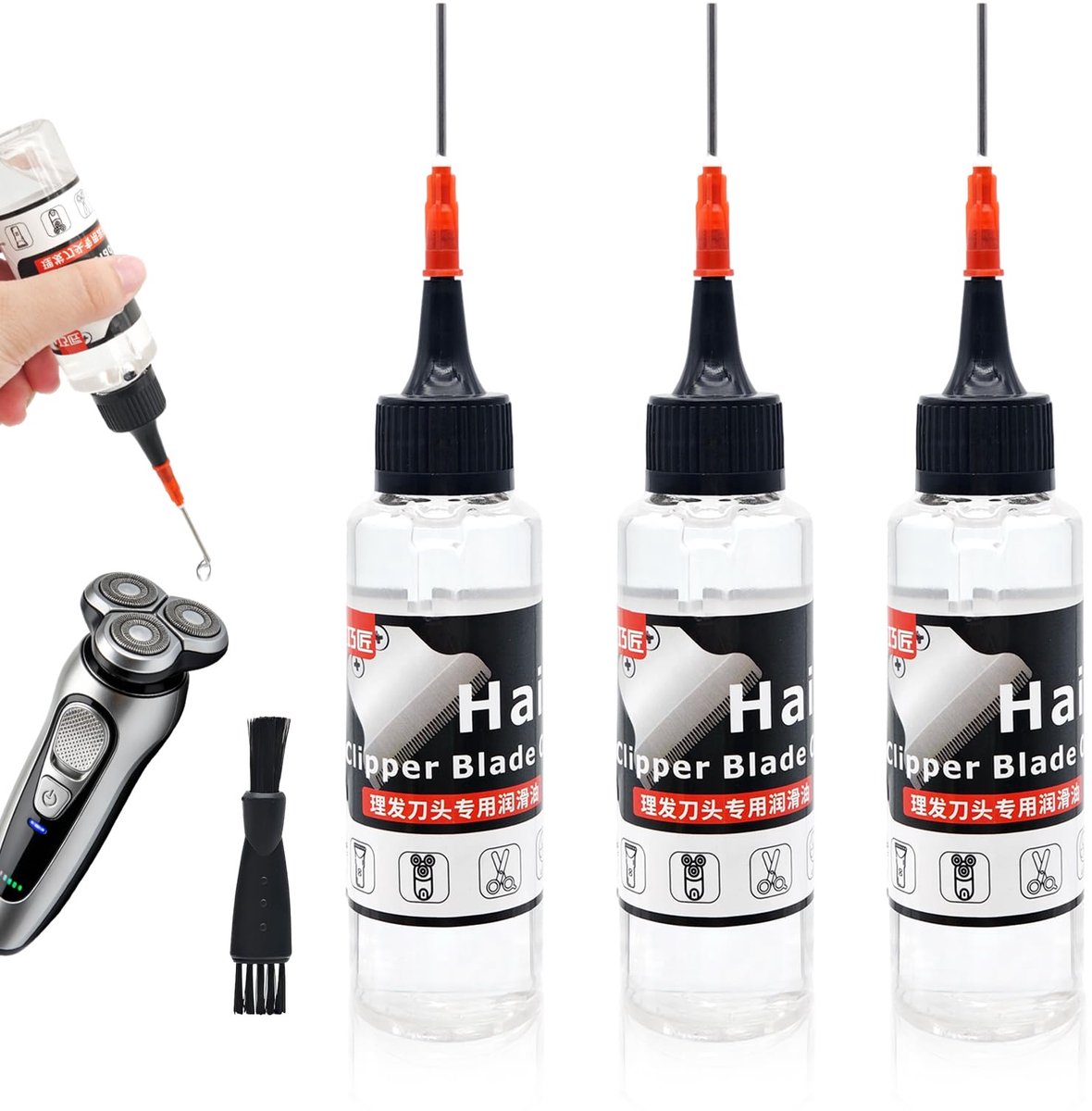 Thijox - 3 Stuks Scheerkop Olie voor Tondeuses en Scheerapparaten, Minerale Olie met Reinigingsborstel voor Optimale Onderhoud, Geschikt voor Trimmers