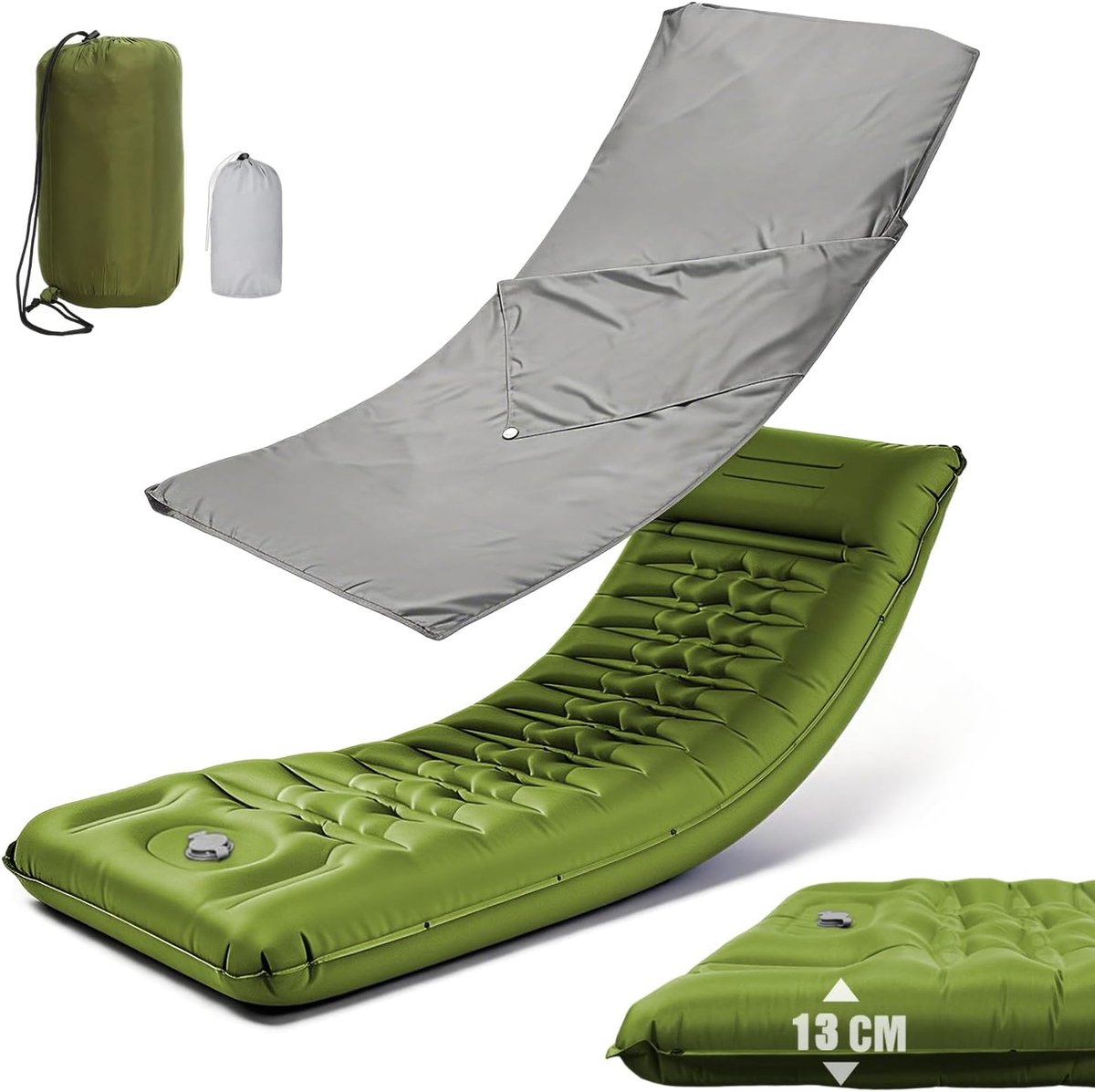 Zelfopblazend, 13 cm dik, opblaasbaar matras met huttenslaapzak, voetpomp en kussen, isomat, campingmatras, luchtmatras voor outdoor, kamperen, wandelen, fietsen (groen)