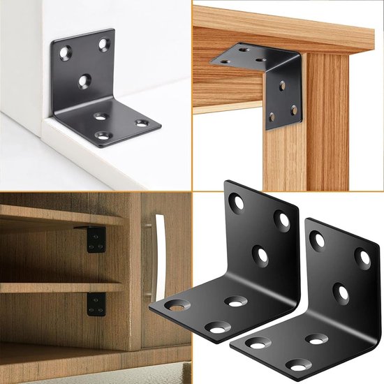 10 stuks hoekverbinders, 50 x 50 x 50 mm, zwart, roestvrij staal, houtverbinders - Balkhoek houtverbinder, A2 V2A metalen hoekverbinder met schroeven voor lade, kast en meubelreparaties — afbeelding 3