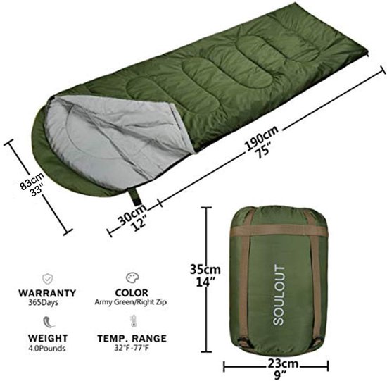 Slaapzak - Outdoor tas - Kamperen en wandelen - Waterafstotende buitenlaag - 220x84 cm - Legergroen — afbeelding 4
