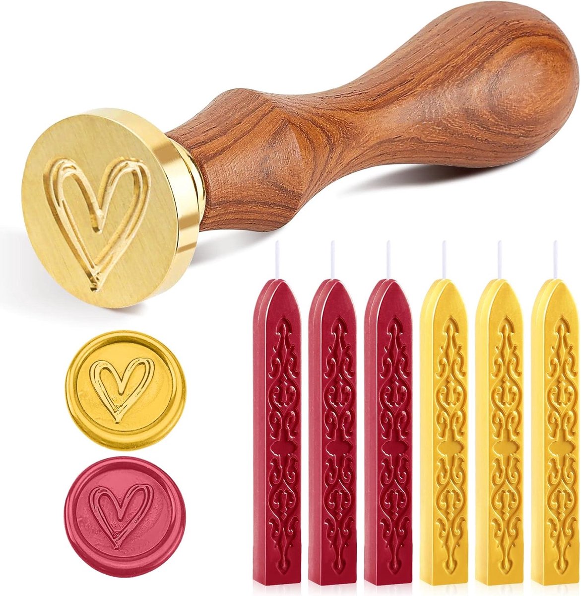 6 stuks zegellak met lonten en waszegelstempel, zegelwax set voor envelop, uitnodigingen, kaarten, cadeaus, retro waszegel, hartstempel
