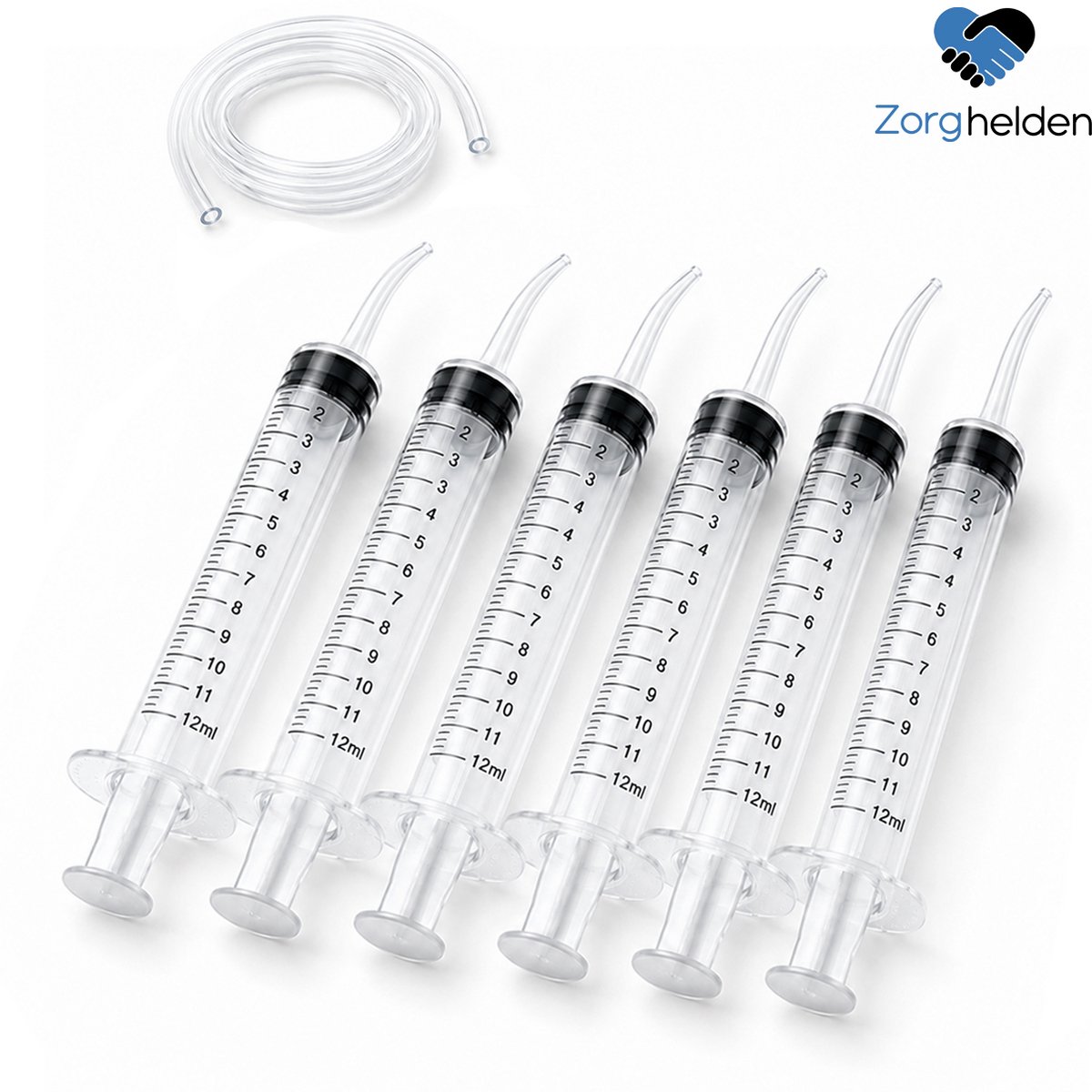 Zorghelden® Gebogen doseerspuit 12ml - 6 Stuks - Kaakspuit - Geschikt voor kaakspoeling - Inclusief verlengslang