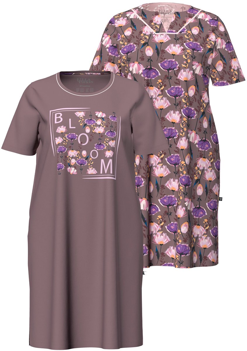 Ulla Popken - Dames - Bigshirts set van 2 ronde hals/tuniekhals korte mouwen - Aarde - Maat 46+