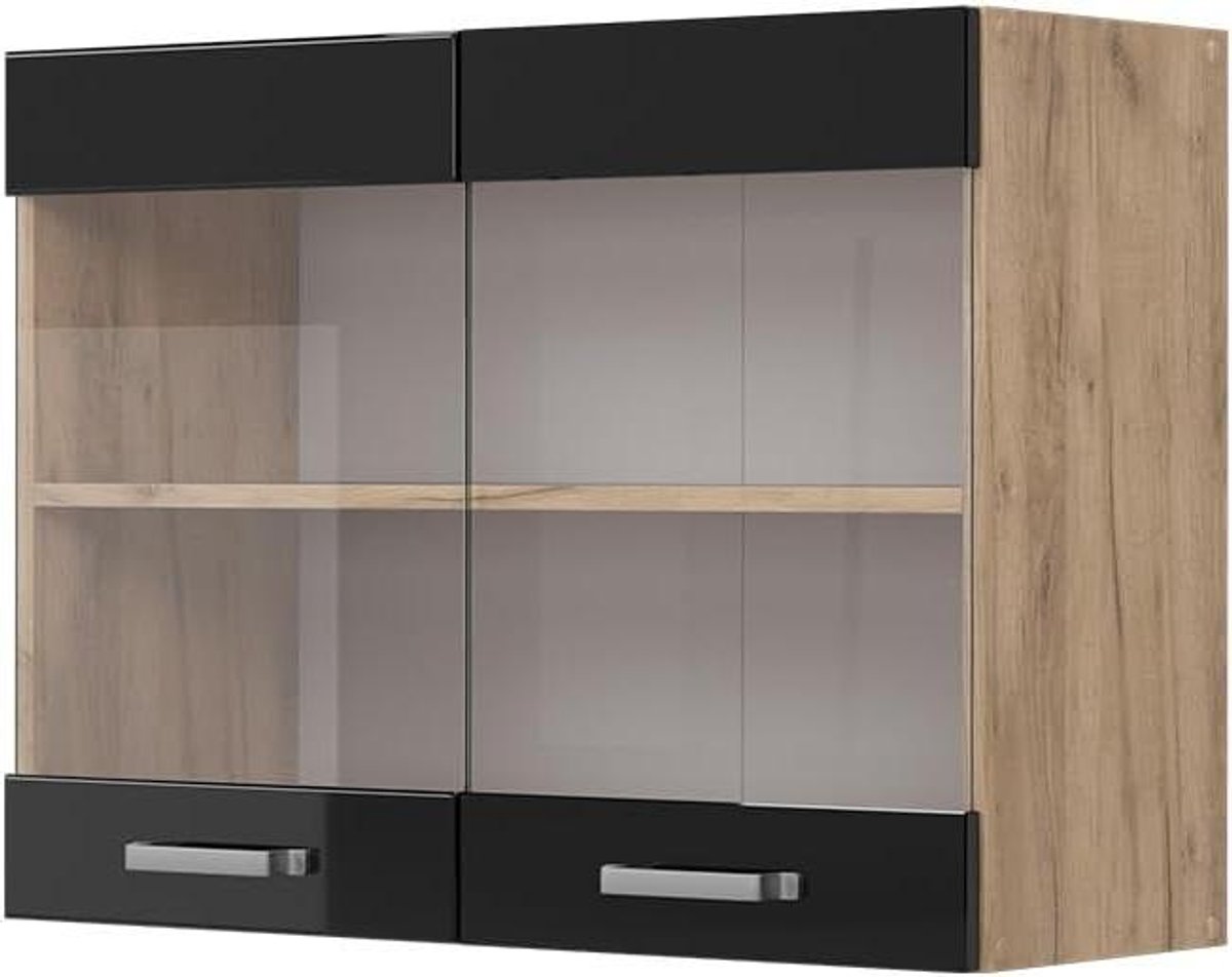 Keukenkast met glas - Hangende kast - Keuken opbergen - Hoogglans design - 80 cm breed - Zwart eiken