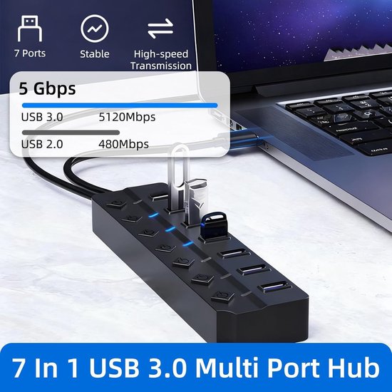 USB 3.0 Hub met 7 Poorten en 5 Gbps Snelheid van Merkloos — afbeelding 2