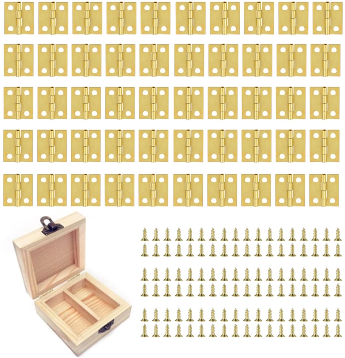 Scharnieren, gouden scharnieren, klein, vervanging van scharnieren, gouden mini-scharnieren, 18 x 16 mm, met 200 schroeven, voor sieraden, houten kistjes, knutselwerk
