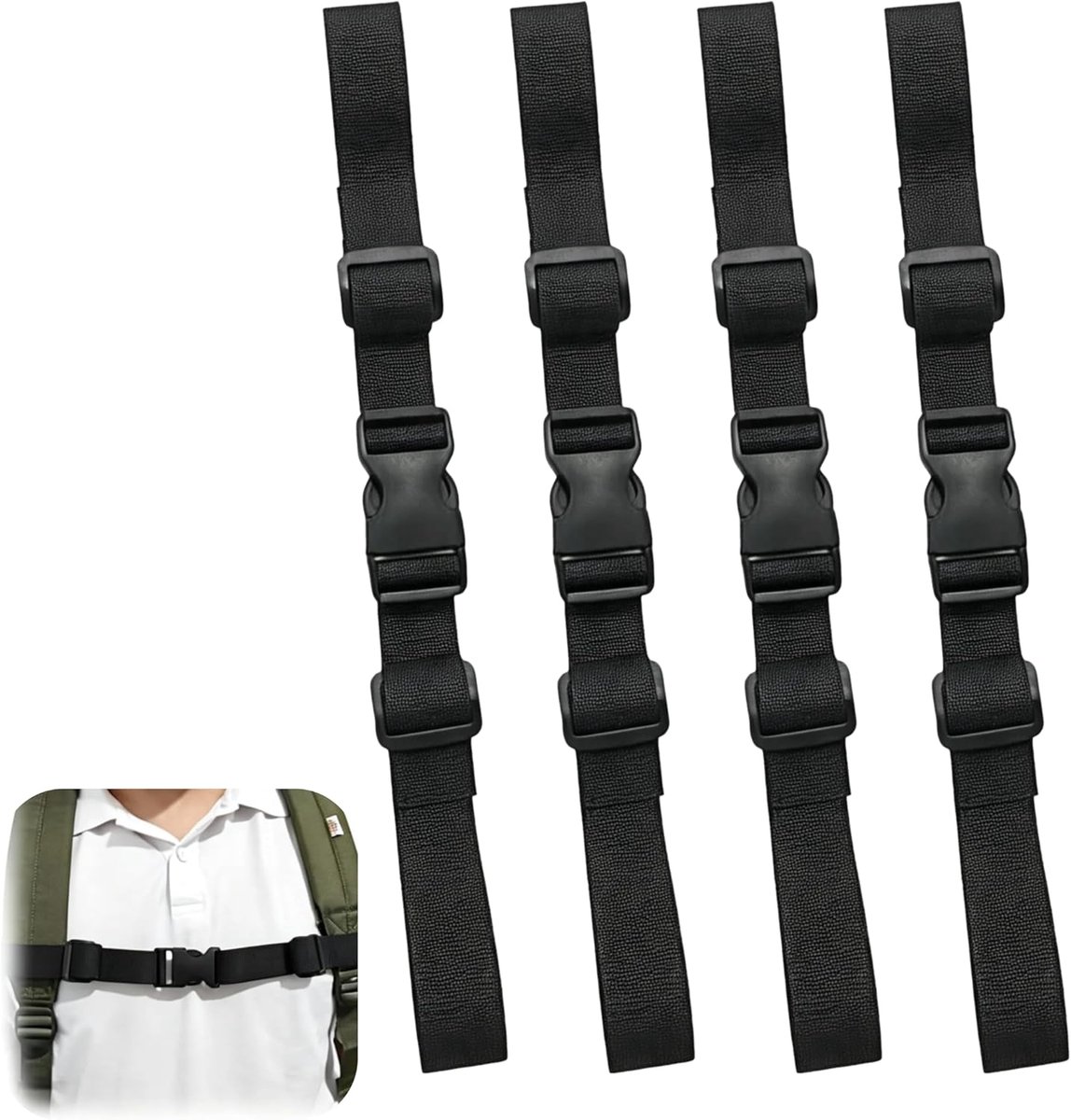 Set van 4 verstelbare borstriemen, zwart, voor rugzak, schoudertas, borstband met snelsluiting, praktisch voor joggen en wandelen, zwart