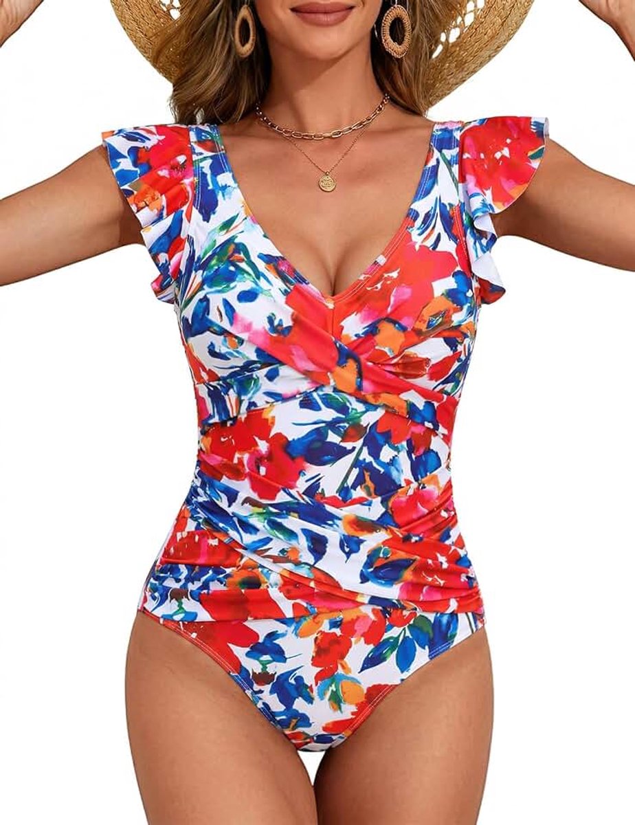 Badpak voor dames, buikweg, eendelig, ruches mouwen, sexy, push-up, dubbel kruisbadpak, platte buik, voor op het strand