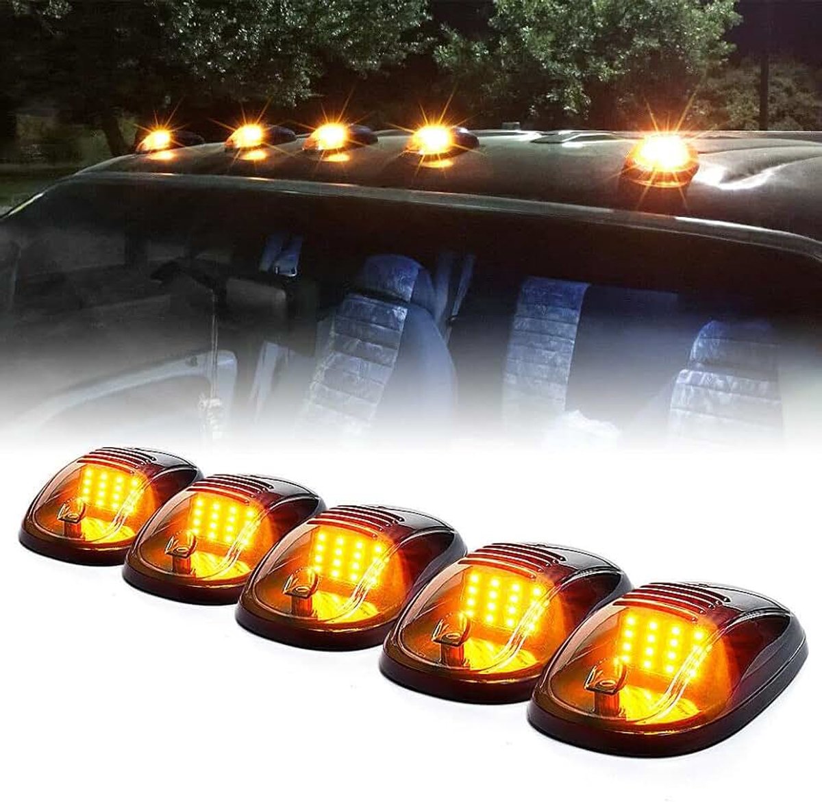 5 Pack Markeringslichten Cabinedak, 12V Amber LED Markeringslichten met Rookkap, 16 LED's Compatibel met F150 F250 F350 D-odge R-am GMC Pick-up Trucks