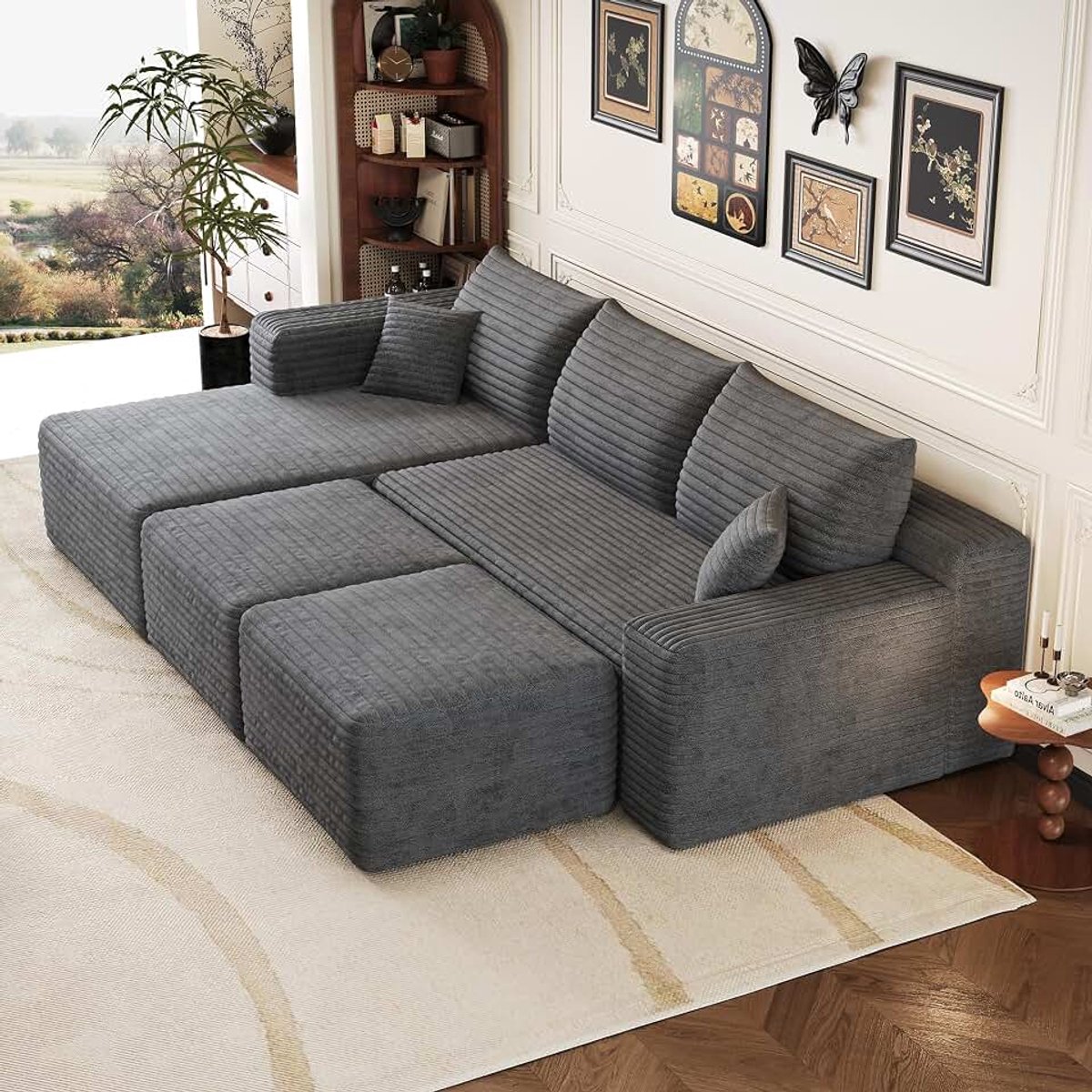 Sofa L-vorm zonder montage, cord sofa met slaapfunctie, diepe zitting, hoekbank met chaise longue, 2 krukjes inbegrepen, modern woonkamersofa 241 cm, grijs (Grey-Left, 4)