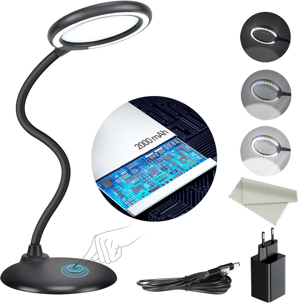 5-voudige vergrotingsbureaulamp dimbaar vergrootglas met licht en standaard dimbaar handtouch-vergrootglas met 28-delige led-lamp voor werk lezen hobby's naaien knutselen zwart
