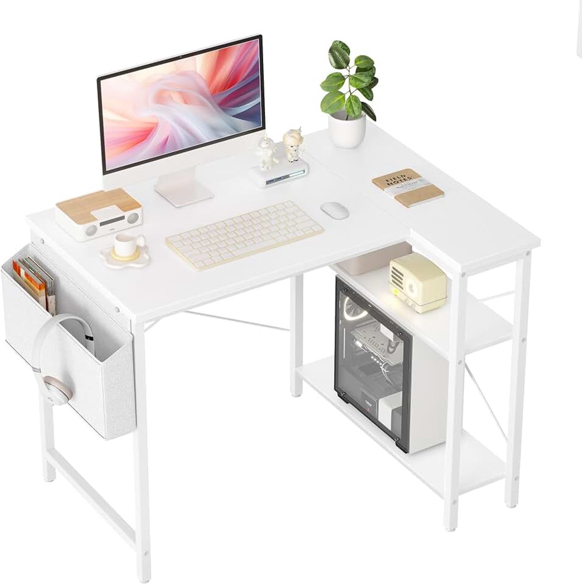 L-vormig bureau, 100 x 70 cm, gamingtafel met opbergvakken, omkeerbare pc-hoektafel, computertafel, corner gamingtafel voor studie, werk, thuis, slaapkamer, wit