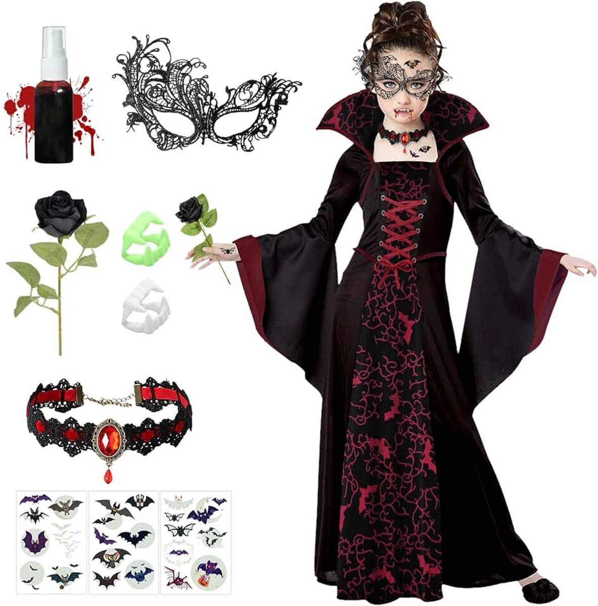 Kostuums voor meisjes, vampierkostuum voor meisjes, heksenkoningin, vampier, Halloween, vampieraccessoires voor Halloween, carnaval