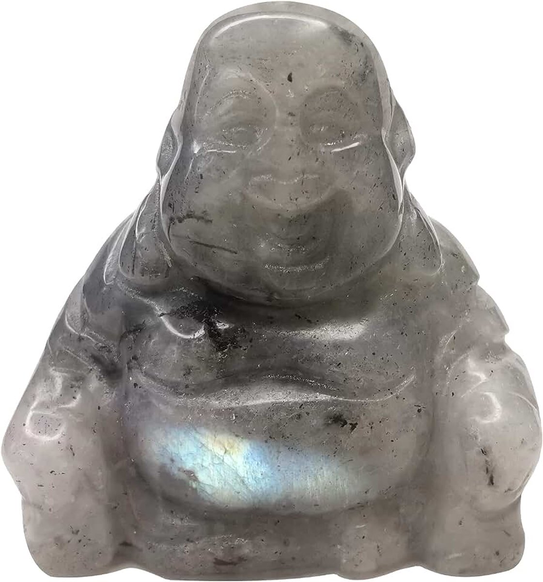 Kristalsteen Maitreya Boeddhisme, 40 mm lachende gelukkige Boeddha-figuur decoratie, grijze maansteen