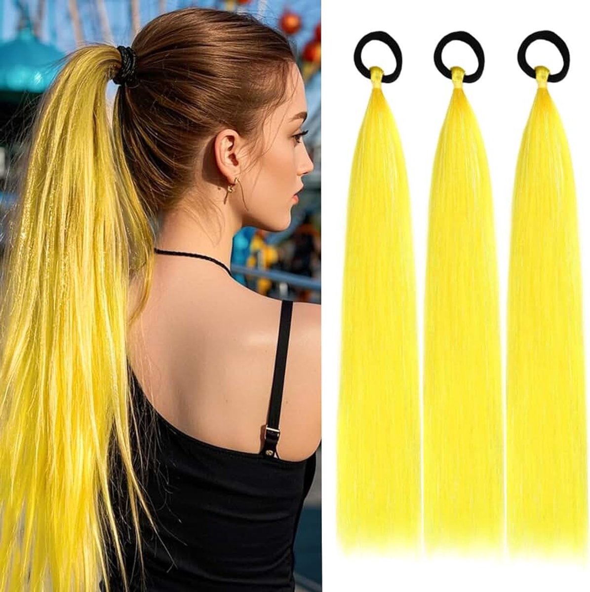 Paardenstaart-verlenging, 3 stuks, 61 cm, kleurrijke gevlochten paardenstaart met glitters, gradient extensions, steil wikkelen om haar voor vlechten (geel)