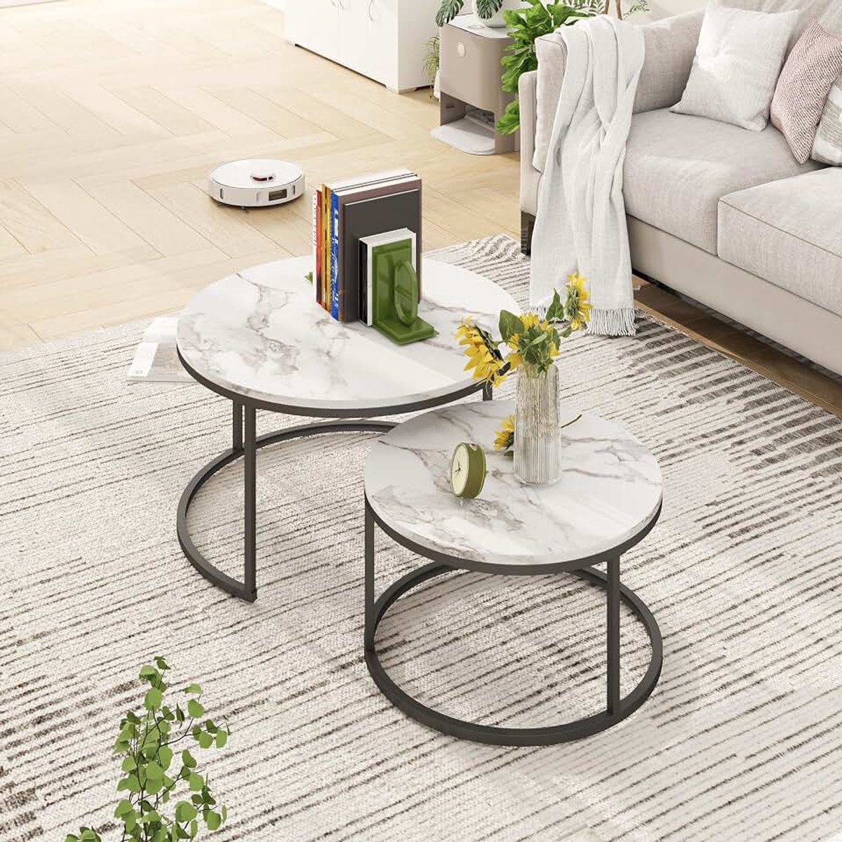 Hitsuki Salontafel, rond, set van 2, marmer, salontafel, goudkleurig metalen frame, woonkamertafel, wit, bijzettafel, metaal, tafelset voor woonkamer, slaapkamer, balkon (wit en zwart)