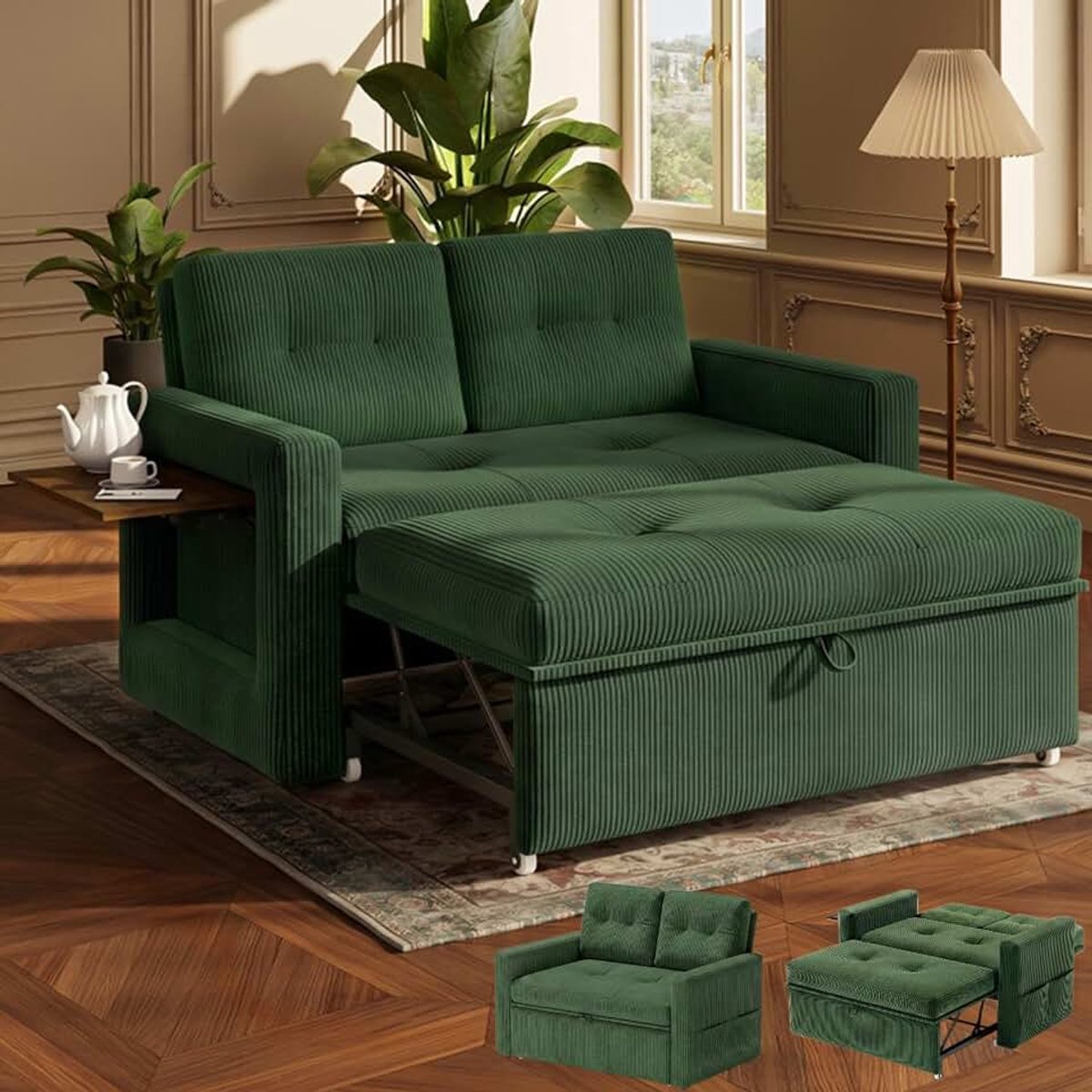 Sofa met slaapfunctie, slaapbank met 5-traps verstelbare rugleuning, slaapbank met bedfunctie, bank met tafel en zijvak, 2-zits slaapbank 177 x 135 cm, corduroy groen